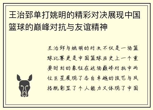 王治郅单打姚明的精彩对决展现中国篮球的巅峰对抗与友谊精神